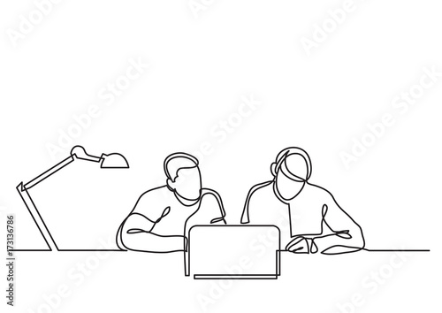 continuous line drawing of two coworkers working together with laptop computer