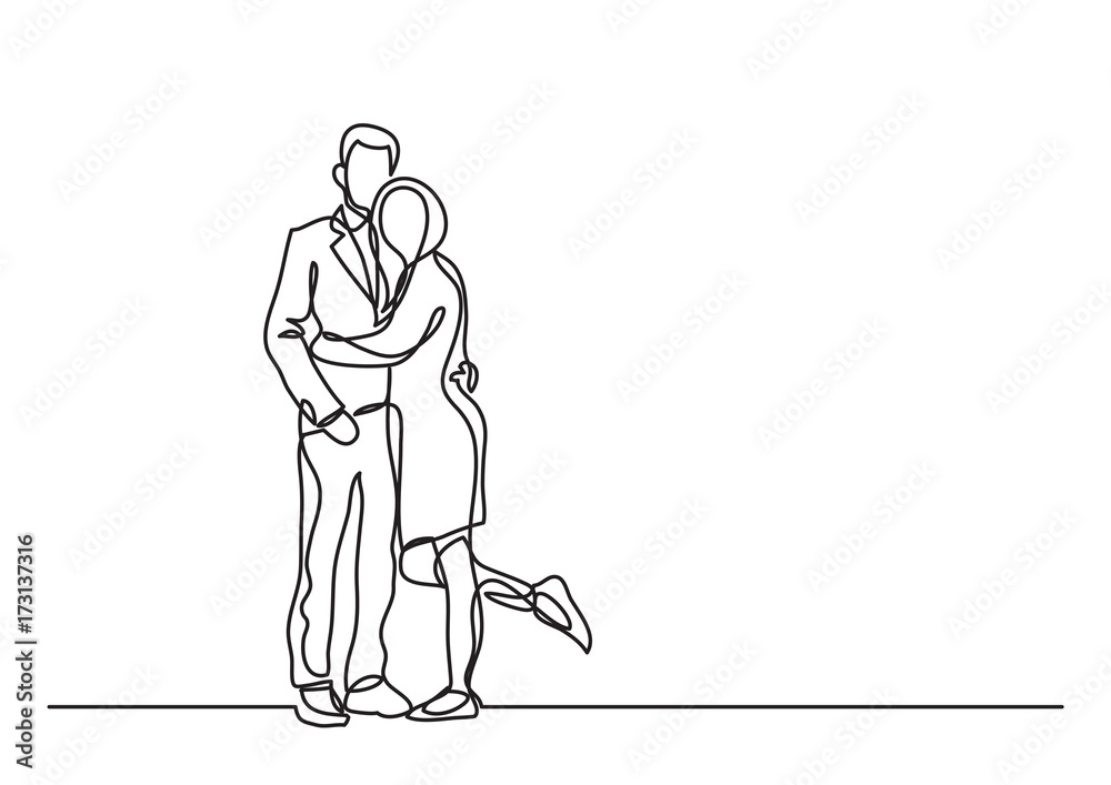 continuous line drawing of couple standing hugging continuous line drawing of couple standing hugging