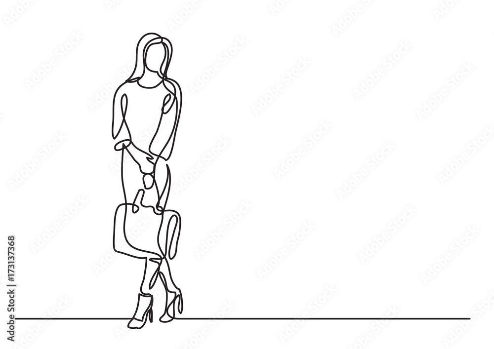 continuous line drawing of standing woman with handbag continuous line drawing of standing woman with handbag