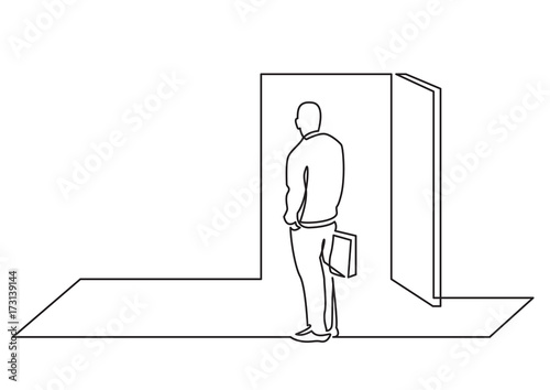 continuous line drawing of business concept - man before open door of opportunity