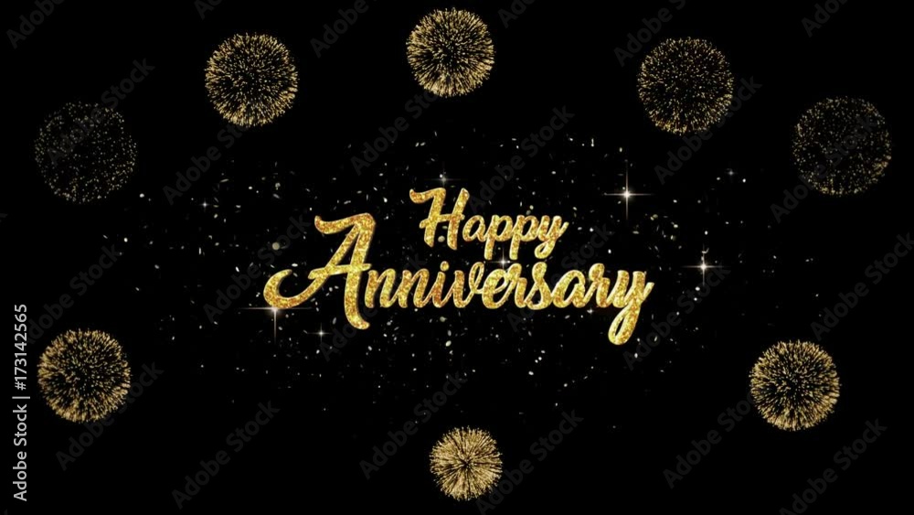 Happy Anniversary Beautiful golden greeting Text Appearance from blinking particles with golden fireworks background.
