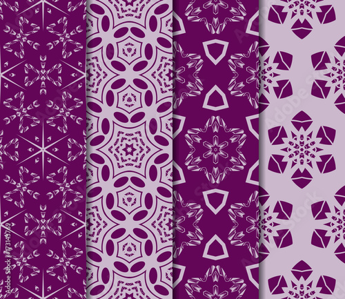 set of 4 Seamless vector texture with an abstract pattern of intertwined curves, geometric shapes in floral style. For the design of greeting cards, gift packages, textile industry. purple color
