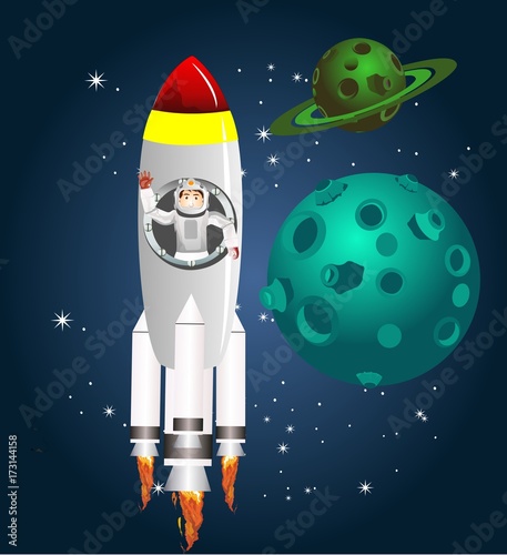 Fototapeta Naklejka Na Ścianę i Meble -  Astronaut kid in rocket flying in the space. Planets