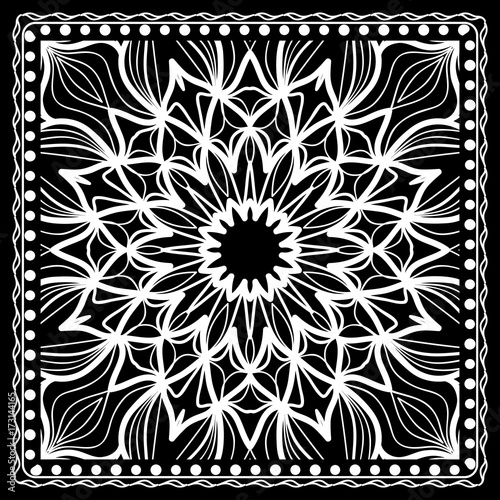 Black and white Bandana Print with mandala pattern, silk neck scarf square. Design for print on fabric, pillow, carpet . Vector illustration.