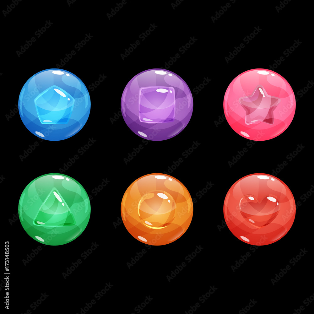 Set of colorful glossy bubbles with different shapes same colors inside. Vector asset for game interface design isolated on black background. Set of colorful glossy bubbles with different shapes same colors inside. Vector asset for game interface design isolated on black background.