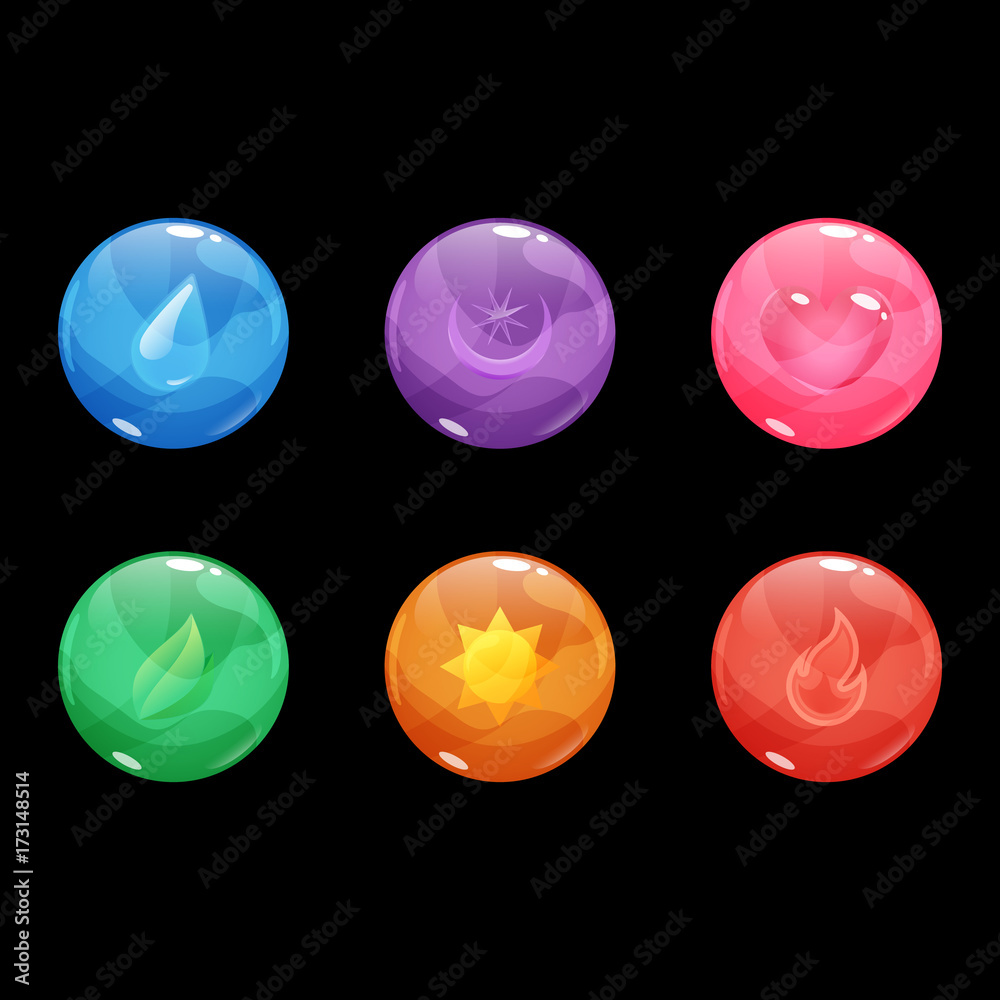 Set of colorful glossy bubbles with different shapes same colors inside. Vector asset for game interface design isolated on black background. Set of colorful glossy bubbles with different shapes same colors inside. Vector asset for game interface design isolated on black background.