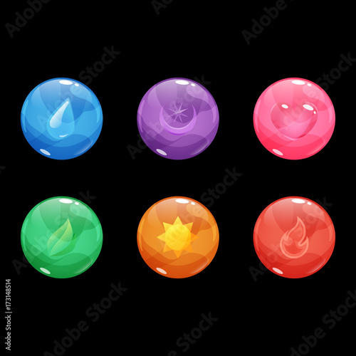 Set of colorful glossy bubbles with different shapes same colors inside. Vector asset for game interface design isolated on black background.