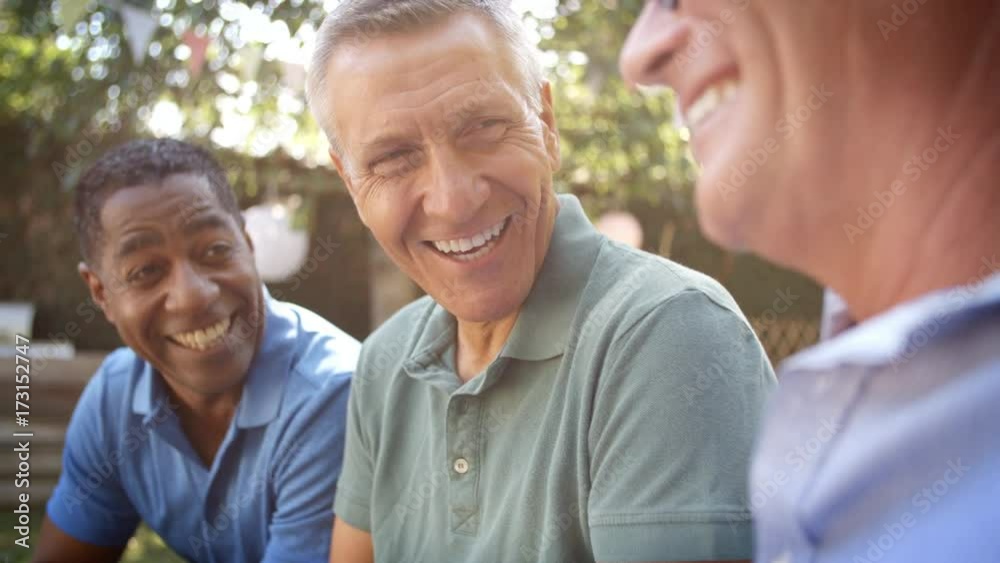 Mature Male Friends Socializing In Backyard Together 