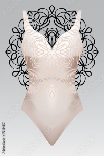 summer swimsuit with modern design beige color mandala ornament.  fashion vector illustration. for design summer cloth. mandala black color background layaer photo