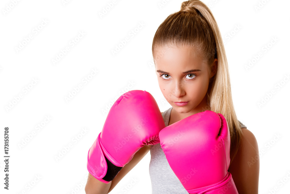 portrait of sporty young girl with fighting gloves isolated, portrait of sporty young girl with fighting gloves isolated,