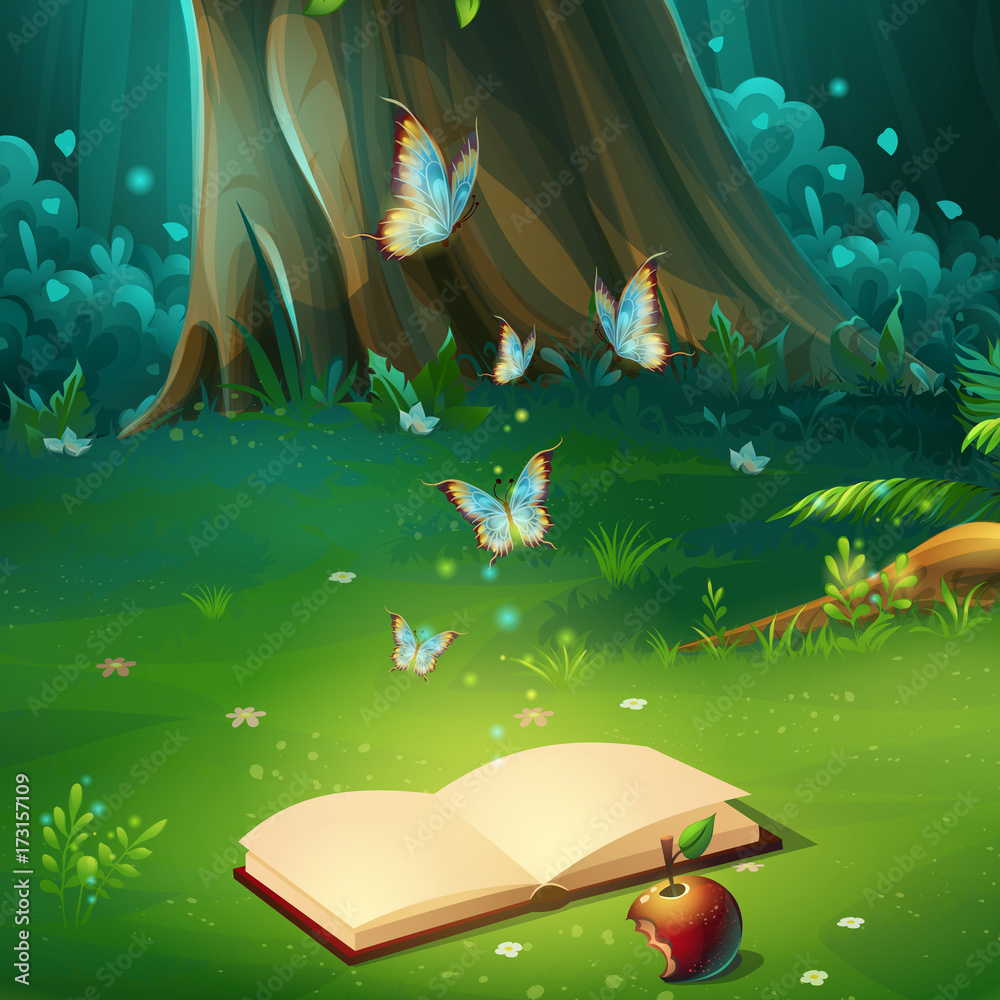 Fototapeta premium Ilustracja kreskówka wektor tle leśnej polanie z książką