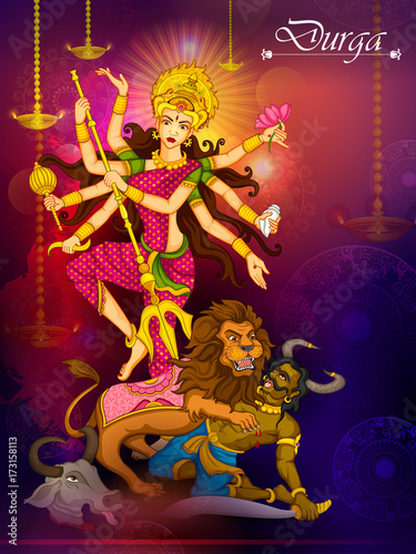 Goddess Durga killing demon Mahishasura for Happy Vijayadashami Dussehra
