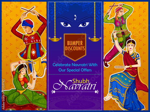 Couple performing Dandiya sale and promotion advertisement background © stockillustrator