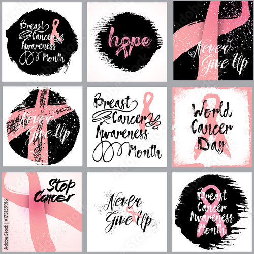 Breast cancer awareness ribbon background set.  Set of  pink ribbon and calligraphy breast cancer awareness quotes cards. Badges in pink. Breast cancer month in October posters and flyers. Vector.