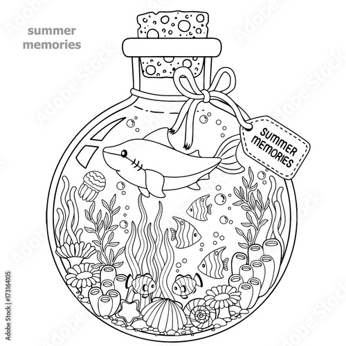 Coloring book for adults. A glass vessel with memories of summer. A bottle with sea creatures - a shark, tropical fish, nemo fish, jellyfish, corals and seashells. photo