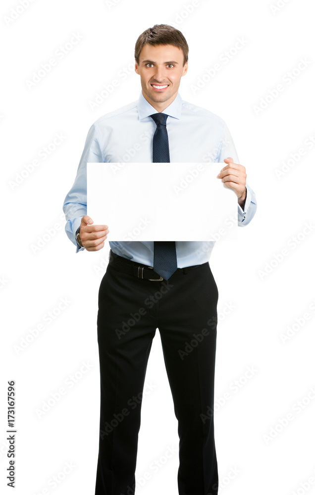 Businessman showing blank signboard, isolated Businessman showing blank signboard, isolated