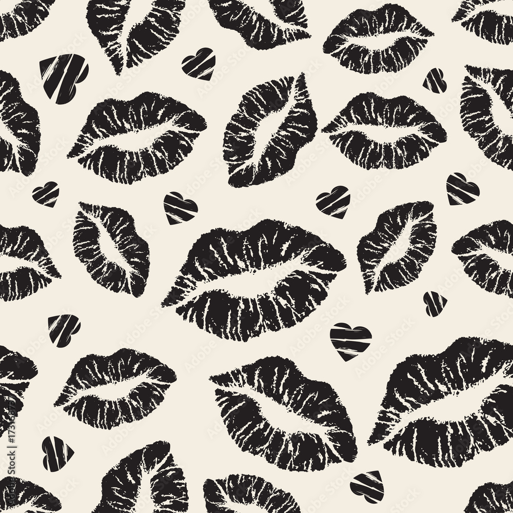 seamless monochrome kiss lips pattern background