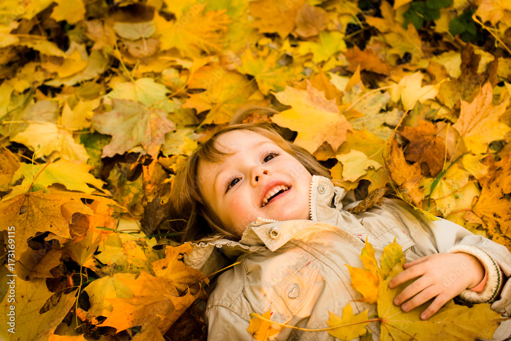 Autumn season - child in fallen leaves Autumn season - child in fallen leaves