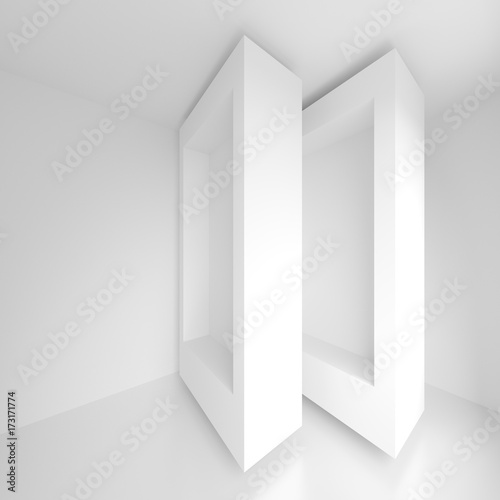 Futuristic Interior Background. White Abstract Living Room Concept. Minimalistic Graphic Design