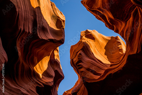 Lower Canyon of Antelope. Sandstone rocks against the blue sky of Arizona