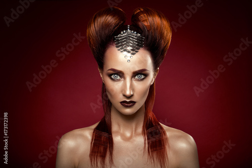 Shot of a futuristic young woman. Blue hair