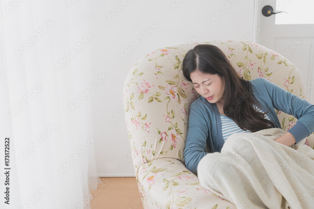 elegant young woman getting abdomen painful elegant young woman getting abdomen painful