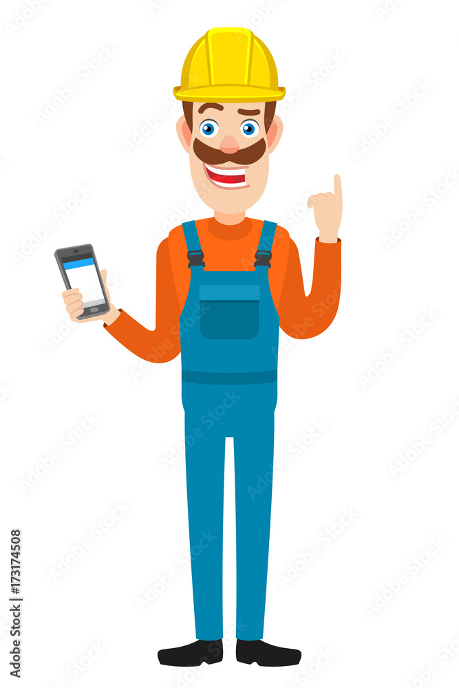 Builder with mobile phone and pointing up Builder with mobile phone and pointing up