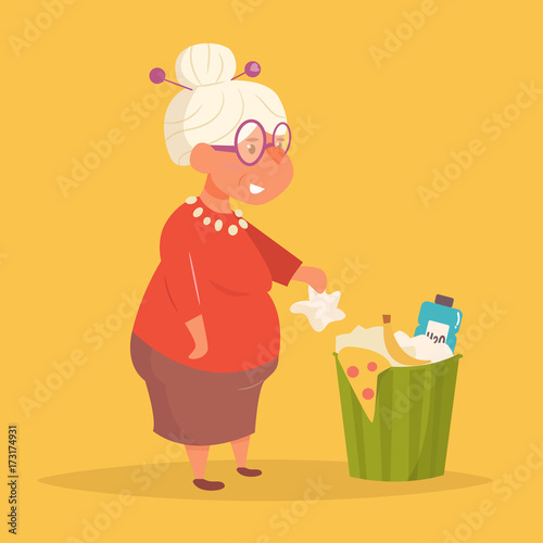 Grandmother throws garbage in the trash