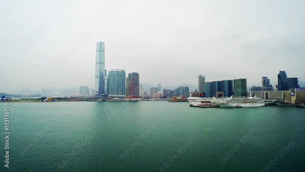 Aerial, cityscape in Hong Kong on foggy day Aerial, cityscape in Hong Kong on foggy day