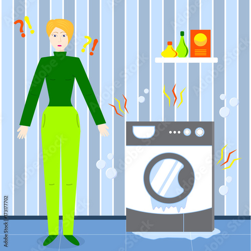 A woman was sad because her washing machine broke. Broken washing machine. Money back guarantee. Stock vector. Flat design.