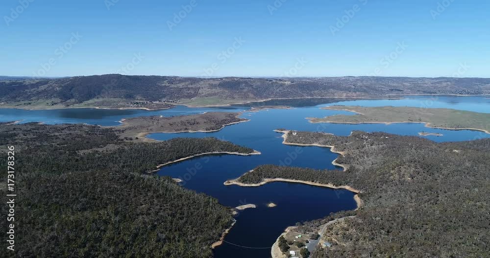 From delta of snowy river to Jindabyne lake towards distant Jindabyne town From delta of snowy river to Jindabyne lake towards distant Jindabyne town