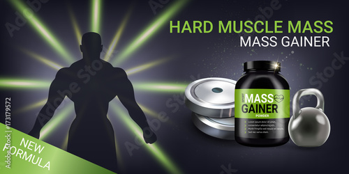Mass gainer ads. Vector realistic illustration of cans with mass gainer powder.