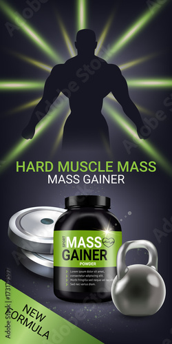 Mass gainer ads. Vector realistic illustration of cans with mass gainer powder.