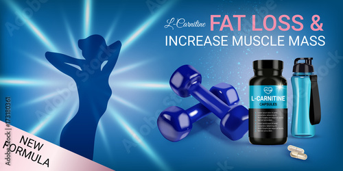 Fat loss L-Carnitine ads. Vector realistic illustration of cans with capsules and shaker.