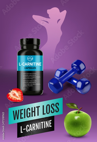 Weight loss L-Carnitine ads. Vector realistic illustration of cans with capsules with cellulose of strawberry and green apple.