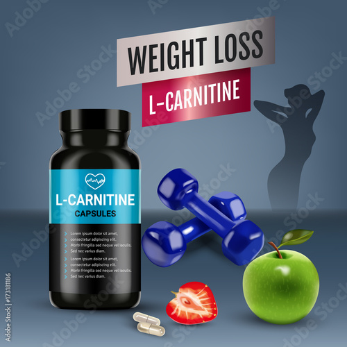 Weight loss L-Carnitine ads. Vector realistic illustration of cans with capsules with cellulose of strawberry and green apple.