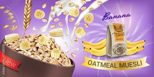Oatmeal muesli ads. Vector realistic illustration of oatmeal muesli with banana.