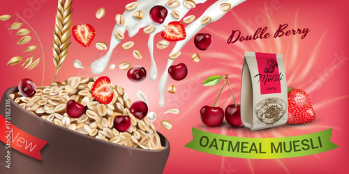 Oatmeal muesli ads. Vector realistic illustration of oatmeal muesli with double berry.