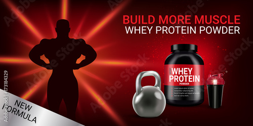 Protein cocktail ads. Vector realistic illustration of cans and shake with whey protein powder.