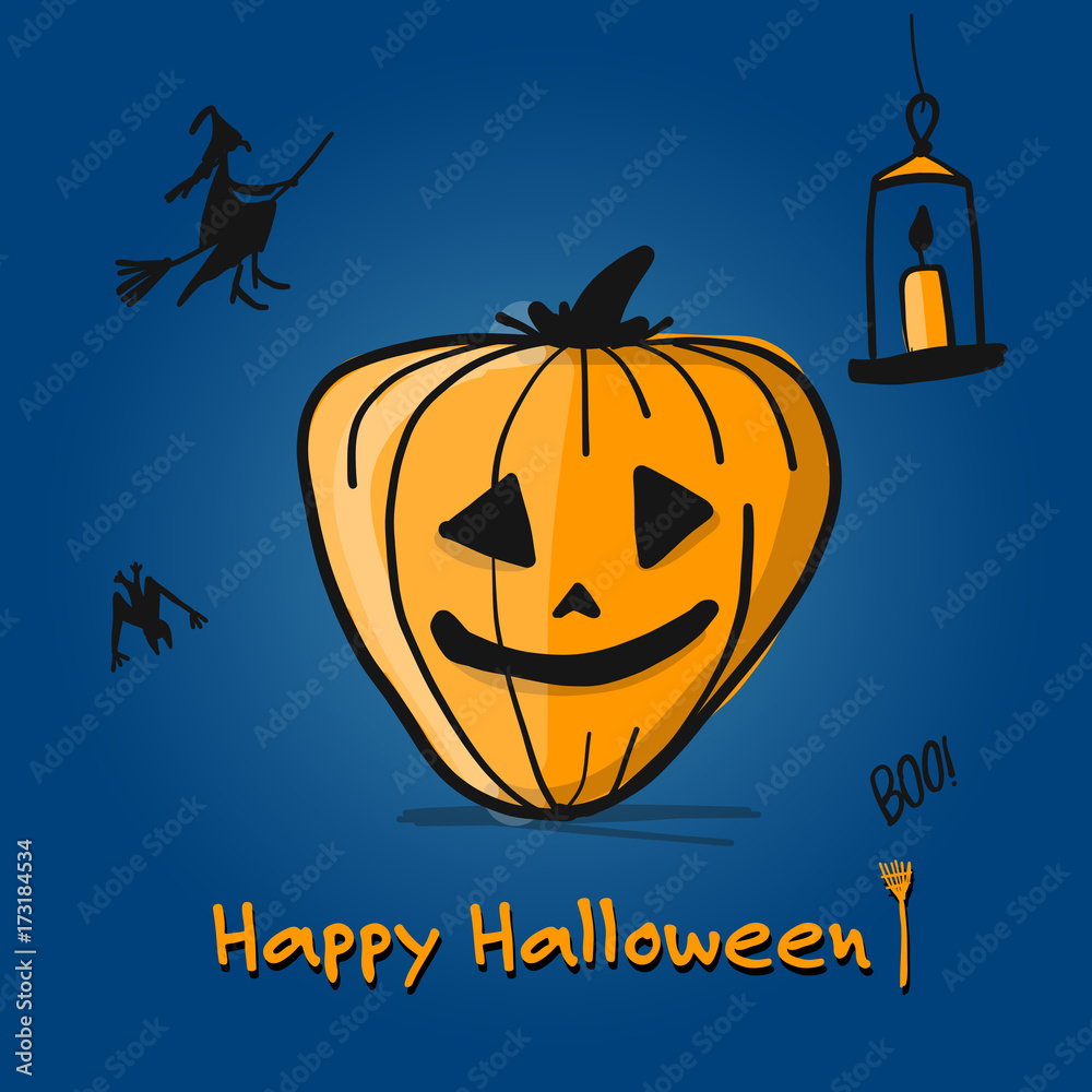 Happy halloween card, pumpkin sketch for your design