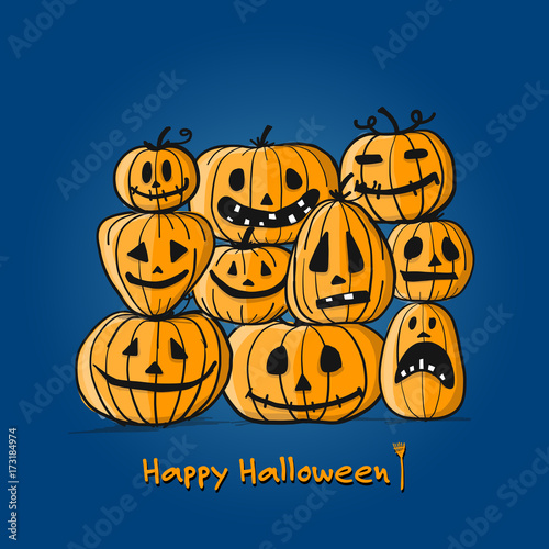 Happy halloween card, pumpkins sketch for your design