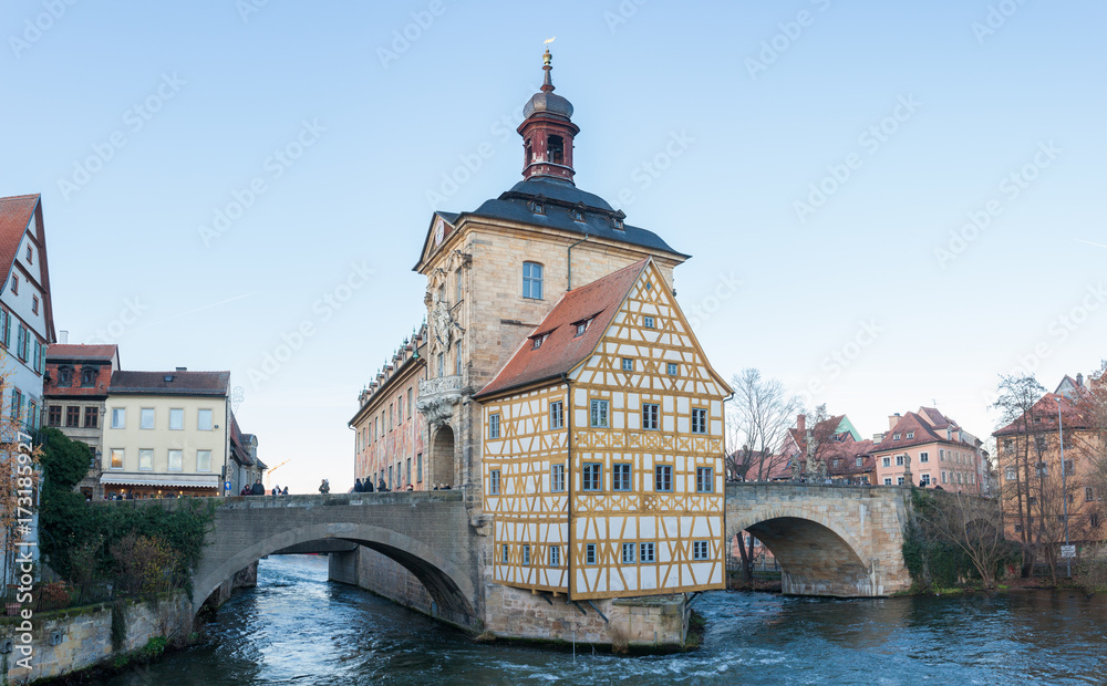 Panoramic view of the historic town hall of Bamberg on the bridge over the river