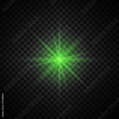 Vector green glowing lights on transparent background. Special effect light rays. Spark, star burst, flash. Spotlight flare. Illumination.