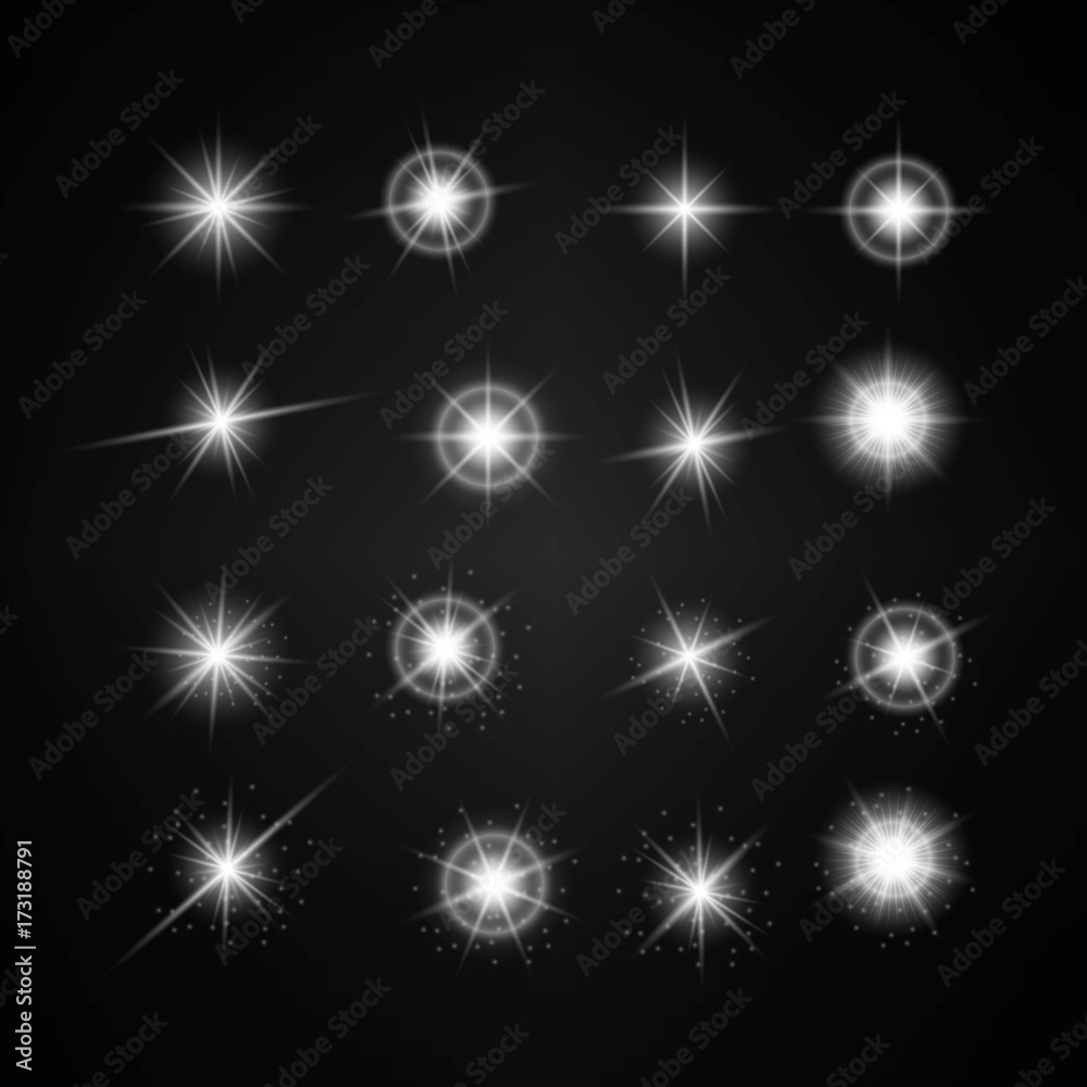 Vector Set of Different White Lights. Different Stars Collection. Star Lights Vector Set of Different White Lights. Different Stars Collection. Star Lights