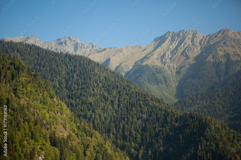 beautiful high mountains with a green summer landscape in clear sunny weather with a blue sky