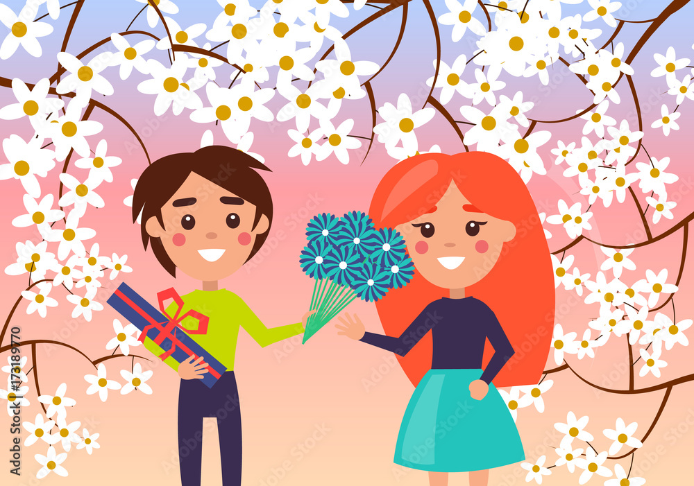 Little Boy Makes Gift to Young Girl Illustration Little Boy Makes Gift to Young Girl Illustration