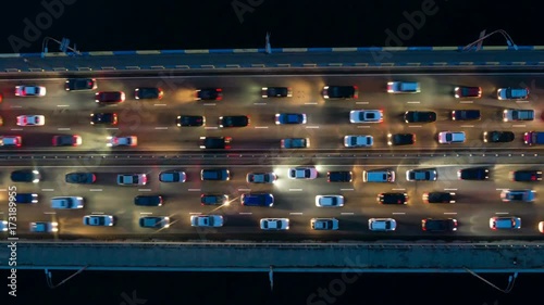 Aerial timelapse of freeway traffic city rush hour. Heavy traffic jam. UHD, 4K photo