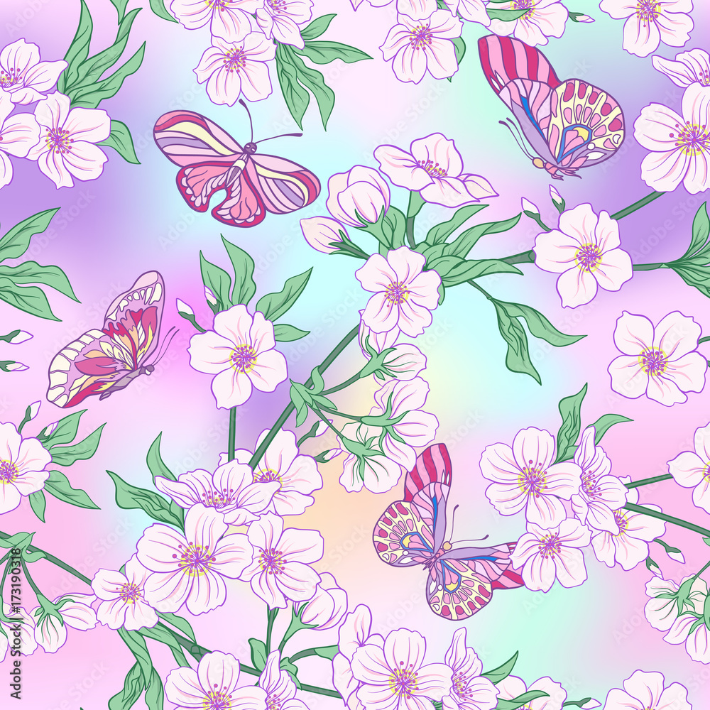 Seamless pattern with Japanese blossom sakura and butterflies. V