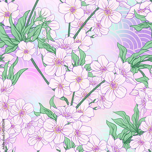Seamless pattern with Japanese blossom sakura. Vector stock illu