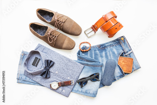 Fashion and beauty concept, Men's casual clothes outfits and accessories on white background